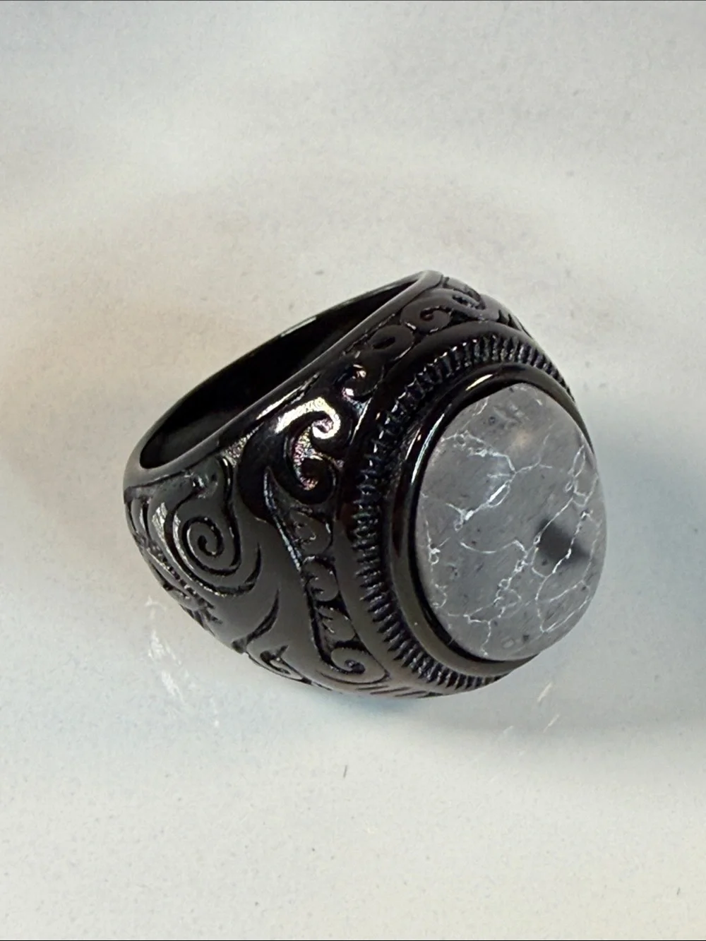 Black Men's Ornate Ring with Grey Marbled Stone, Size 7